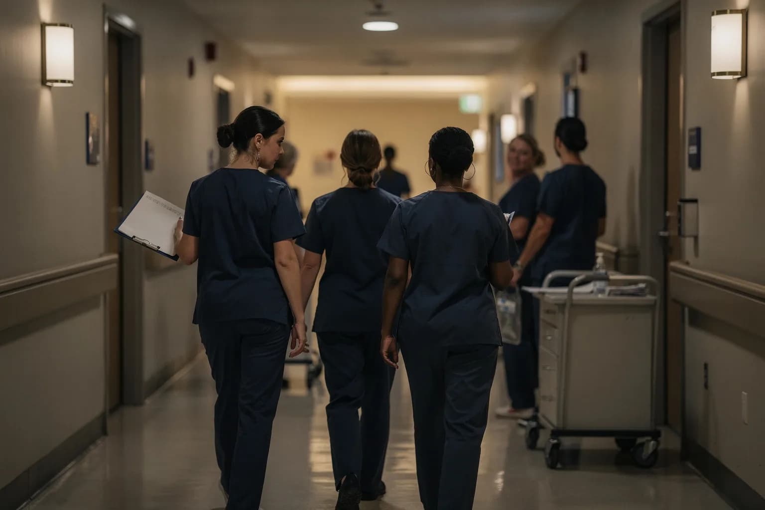 Klinikflur beim Schichtwechsel, Personal in Kasacks geht von der Kamera weg, ruhiges gleichmäßiges Licht