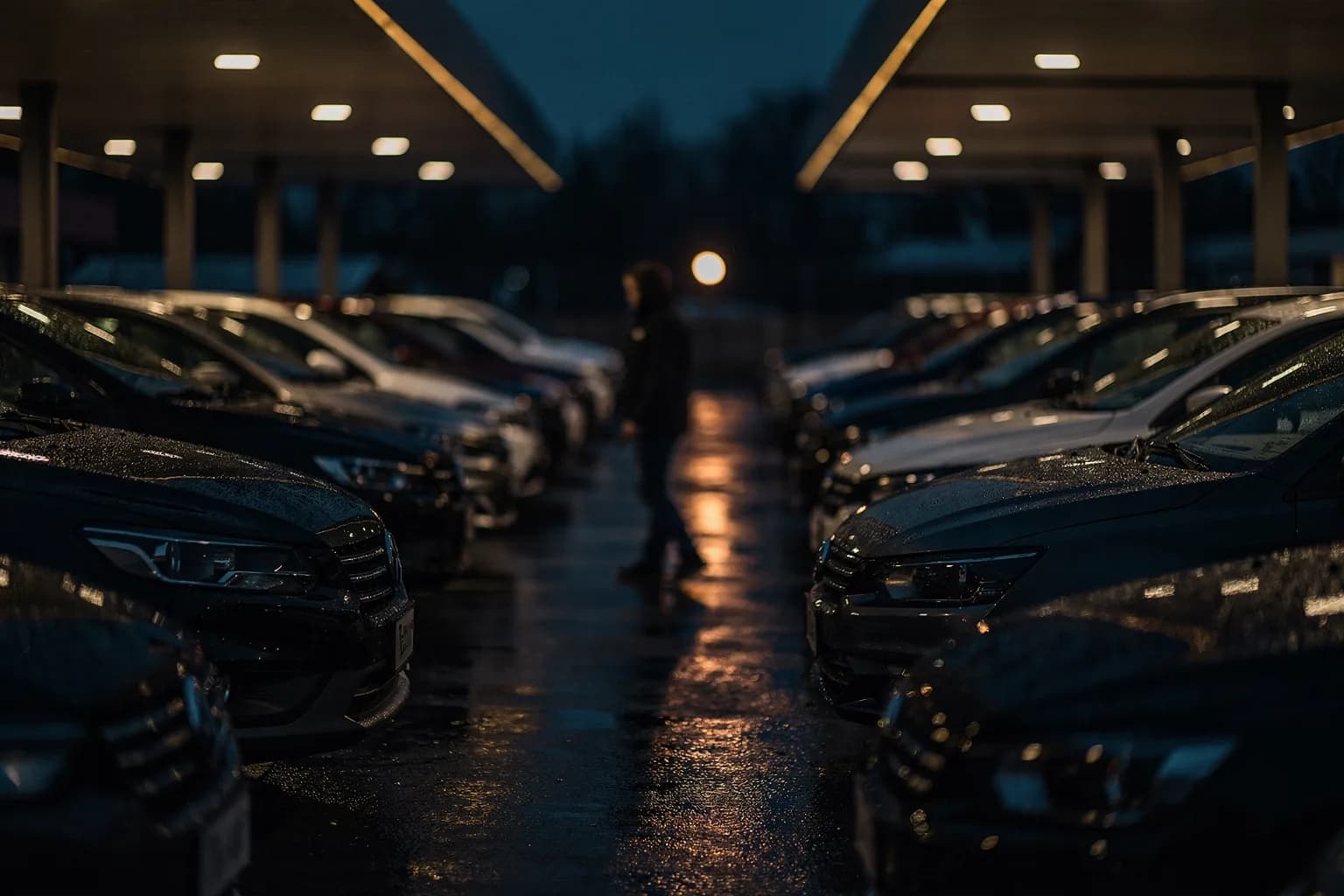 Verkaufshof eines Gebrauchtwagenhändlers in der Dämmerung, Fahrzeugreihen unter beleuchtetem Vordach, nasser Asphalt, eine Person geht zwischen den Reihen