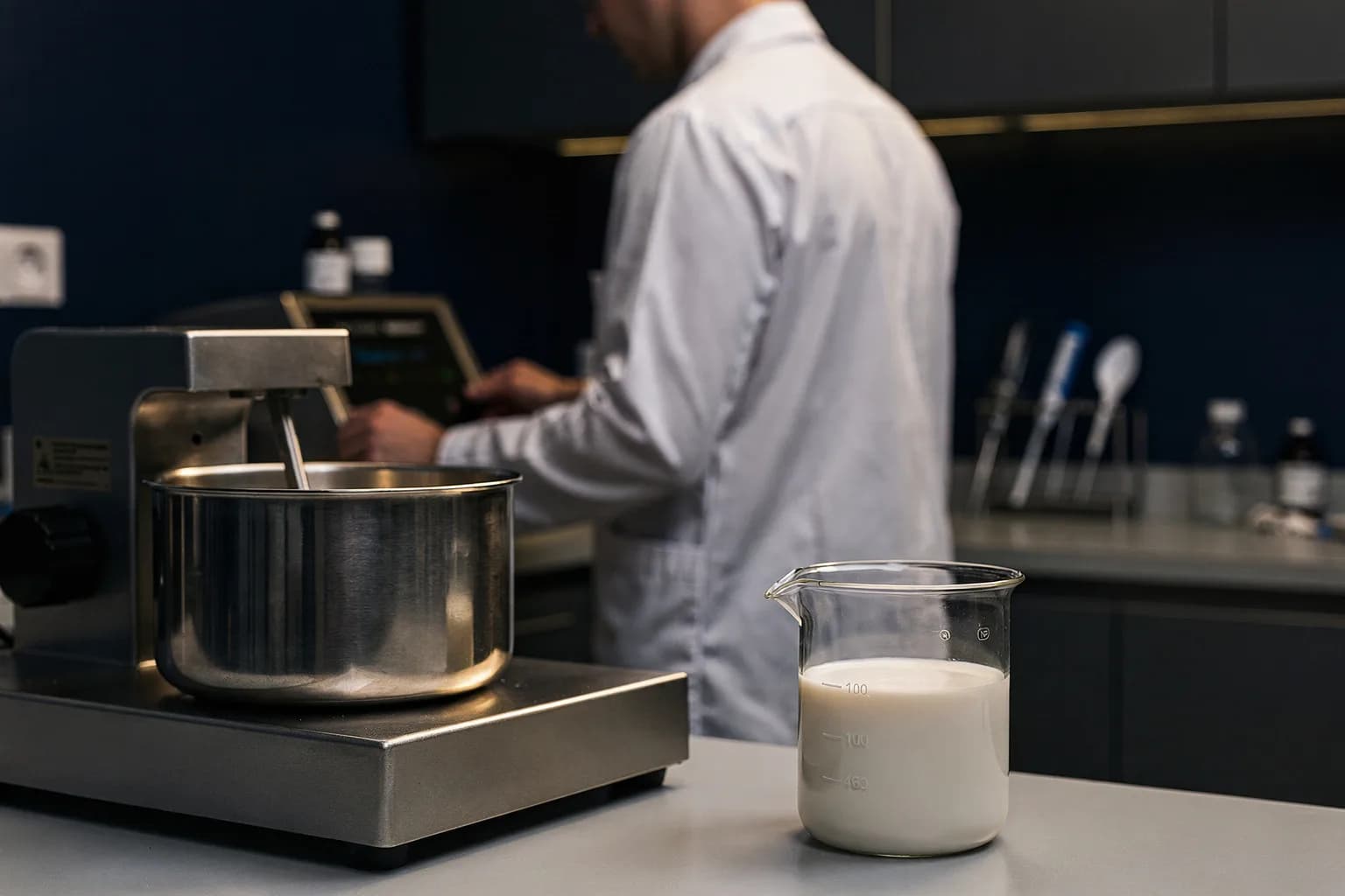 Entwicklungslabor für Kosmetik mit einem Edelstahl-Rührbehälter und einem Becherglas mit weißer Emulsion auf der Bank, eine Chemikerin im Kittel von hinten, gleichmäßiges Licht