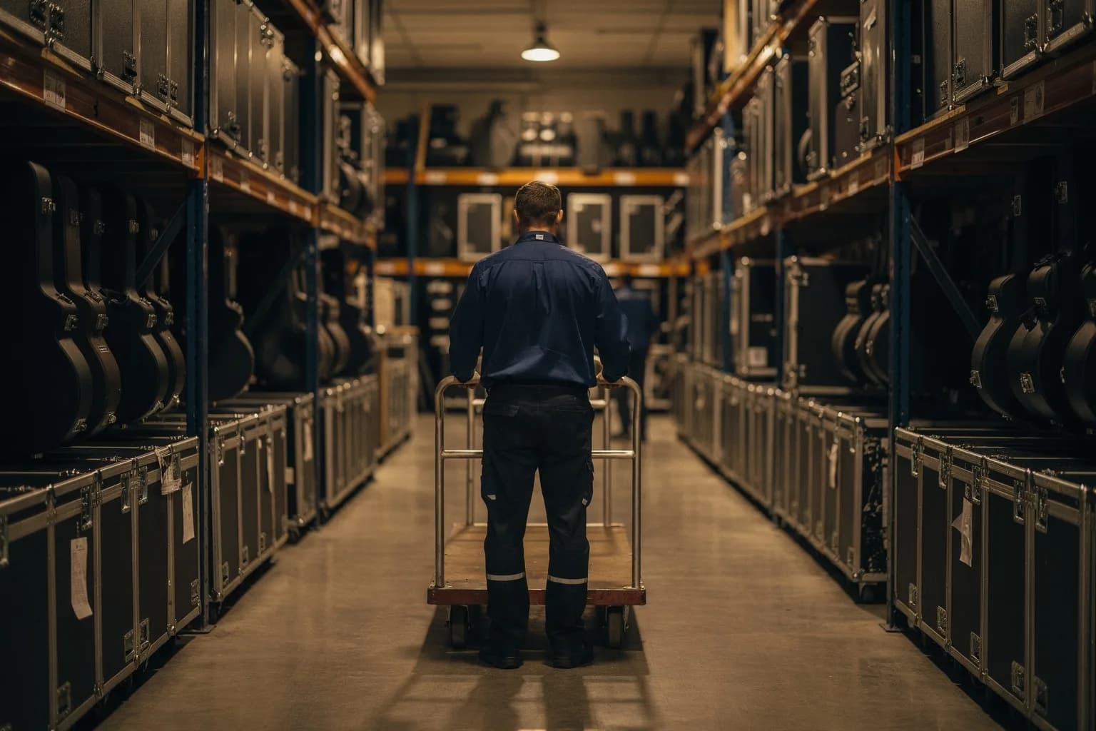 Lagergang für Musikinstrumente mit Gitarrenkoffern und Flightcases in Regalen, ein Kommissionierer von hinten mit einem Rollwagen, warmes Licht