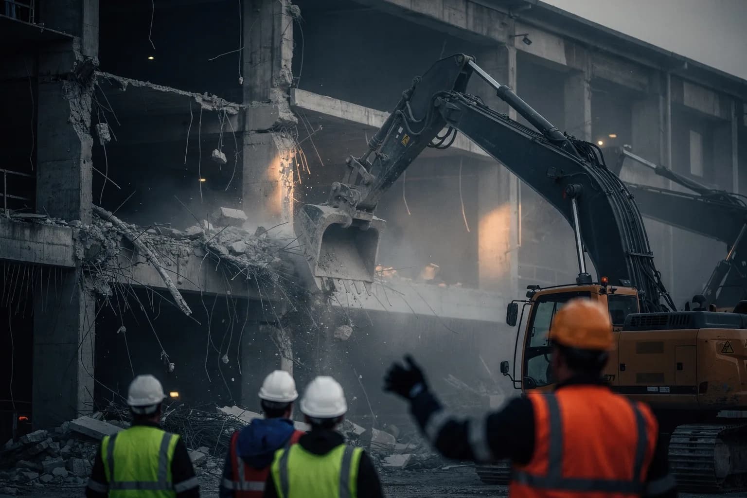 Kontrollierter Abbruch eines Betongebäudes, ein Longfront-Bagger mit Sortiergreifer, Staub in der Luft, bedeckter Tag