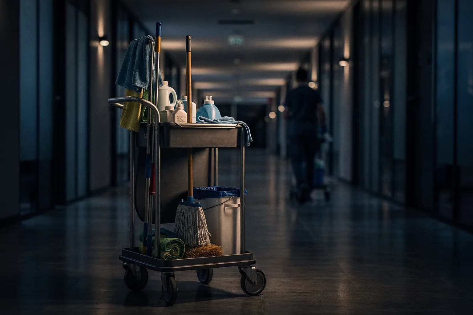 Reinigungswagen mit Mopps und Tüchern in einem langen leeren Bürogang bei Nacht, weiter hinten eine Reinigungskraft von hinten, wenig Licht
