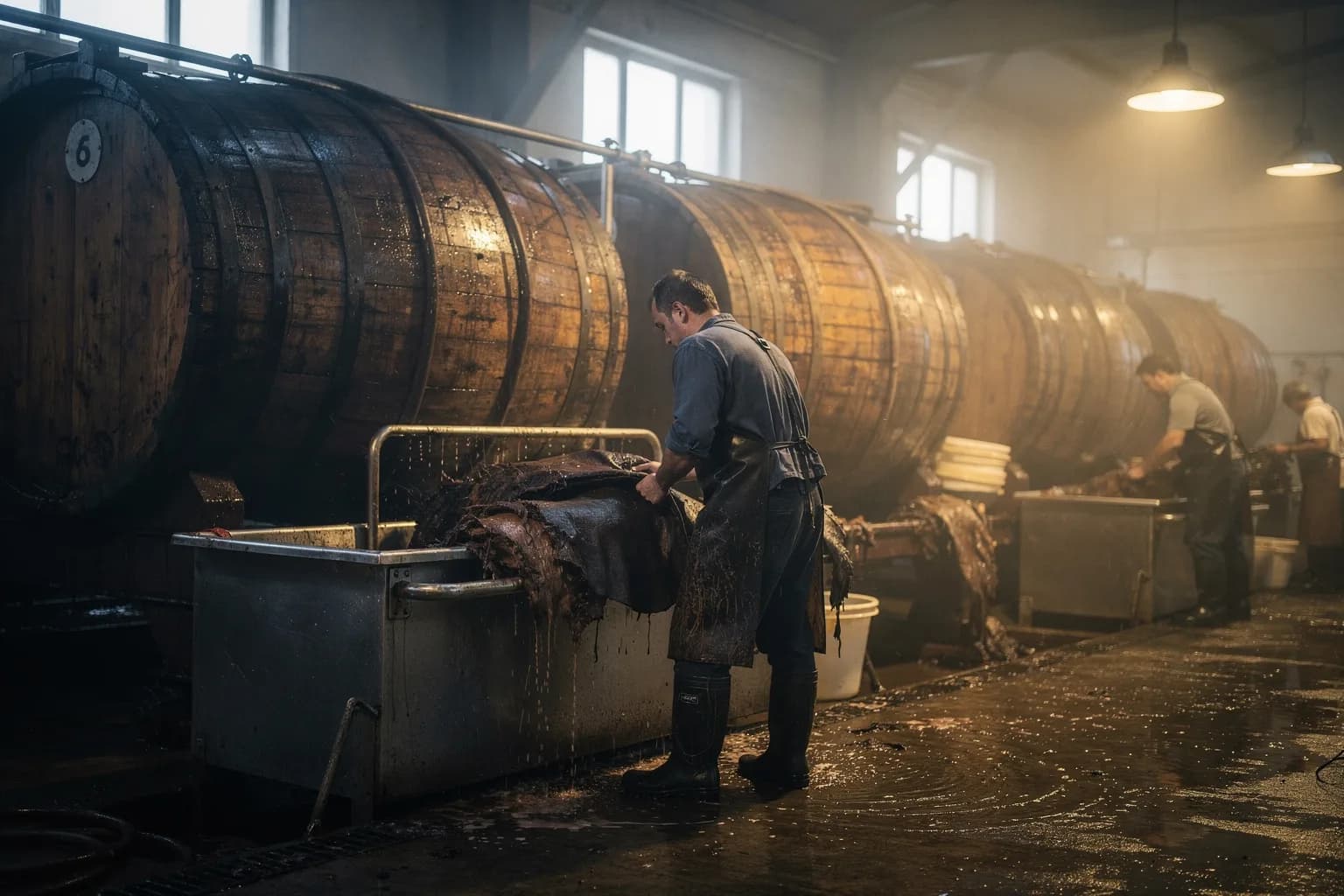 Gerbereihalle mit großen Holzfässern, ein Arbeiter in Gummischürze von hinten zieht nasse Häute, feuchte Luft, warmes Licht
