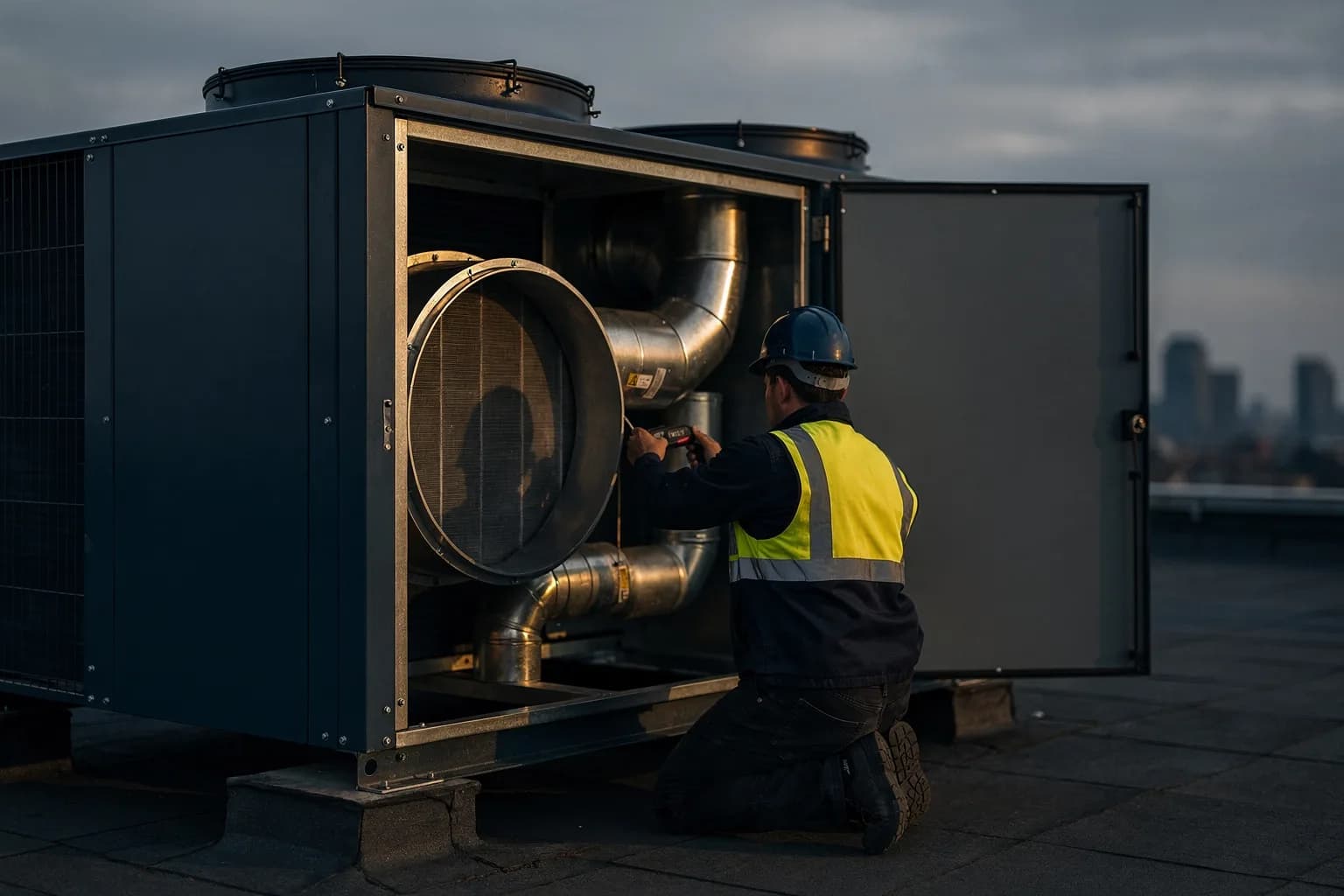 Lüftungsgerät auf einem Dach bei der Wartung, geöffnete Klappen zeigen Filter und Ventilatoren, ein Techniker von hinten, bedecktes Tageslicht