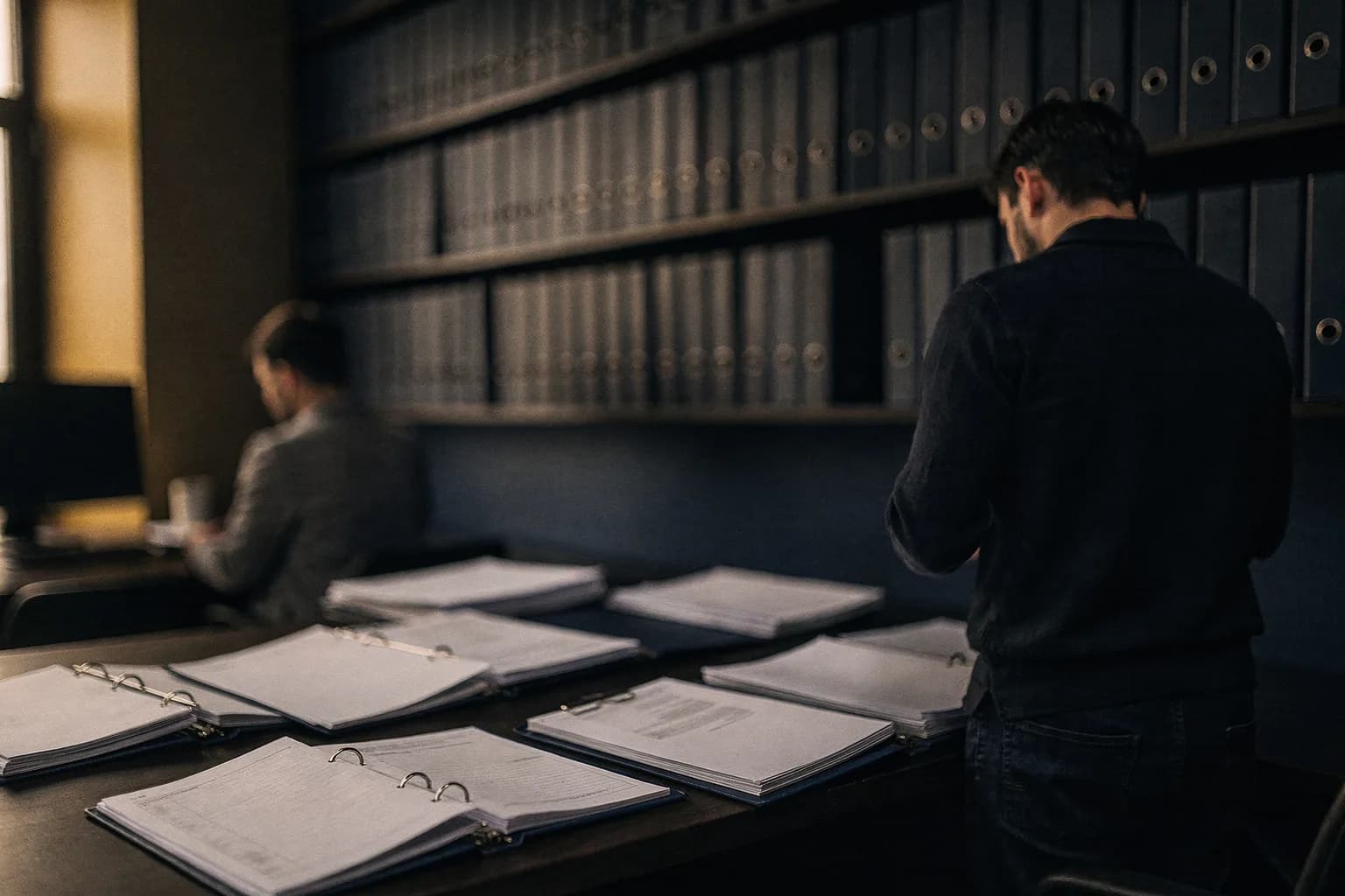 Büro mit einer langen Wand voller Aktenordner und einem Schreibtisch mit aufgeschlagenen Fachmappen, eine Person von hinten am Regal