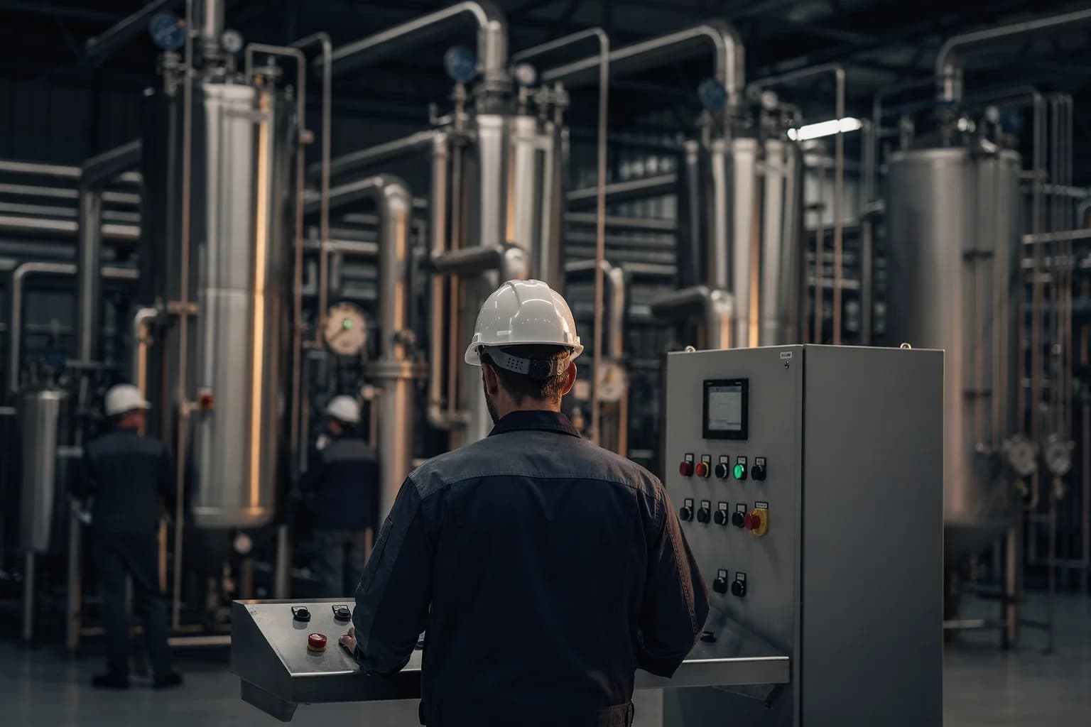 Technikumshalle mit Edelstahlreaktoren und isolierten Rohrleitungen, ein Anlagenfahrer mit Helm von hinten am Bedienstand