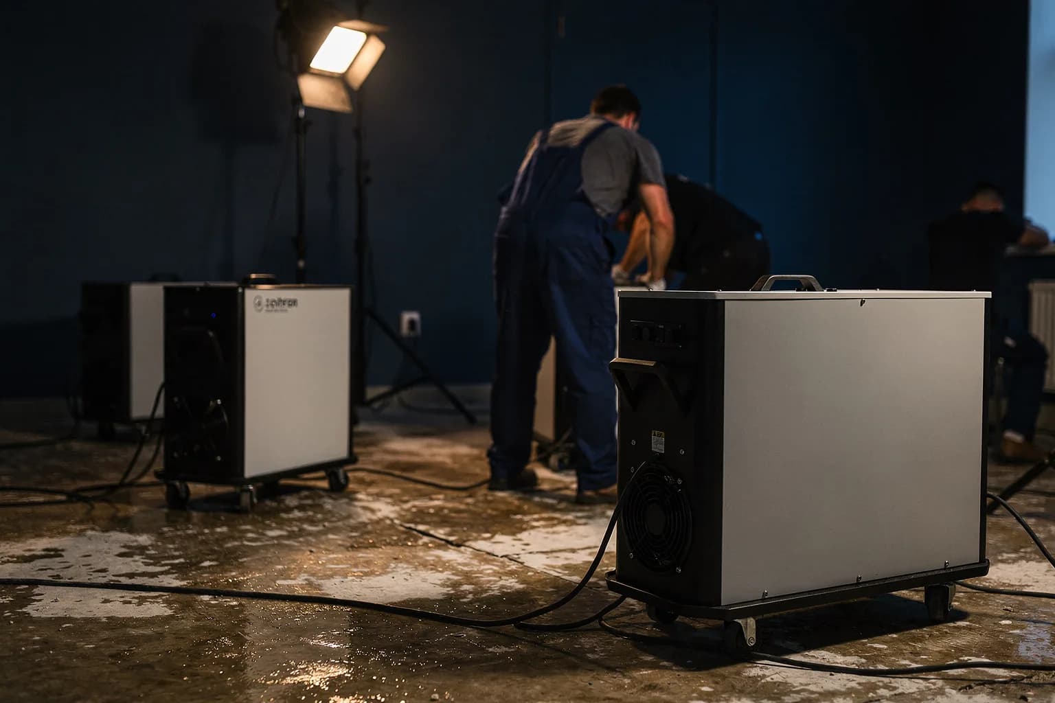Wasserschadensraum in der Trocknung, mehrere Trocknungsgeräte und Ventilatoren auf entkleidetem Estrich, ein Techniker im Overall von hinten, Arbeitslicht