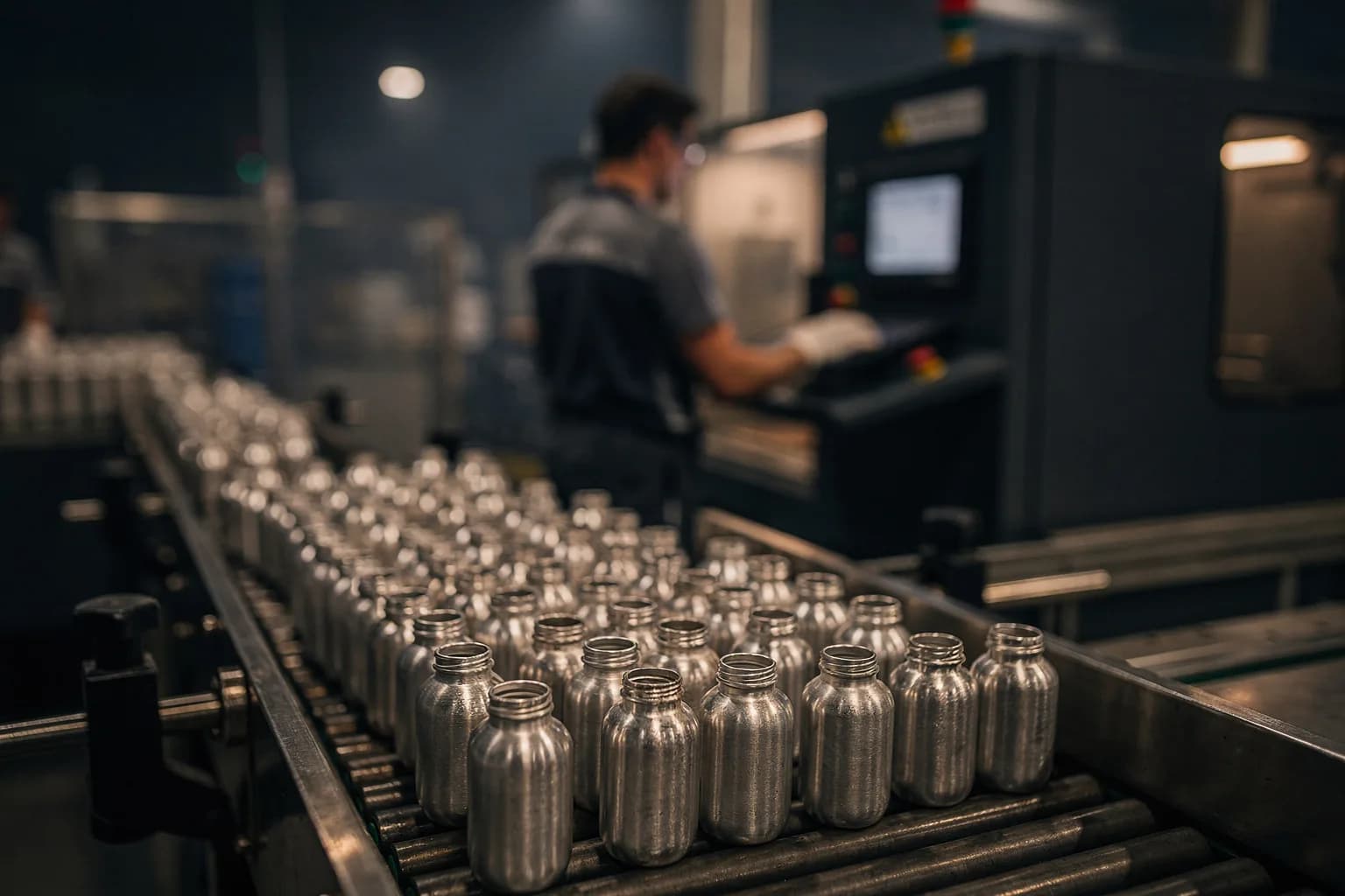 Fertigungslinie für Aluminium-Flaschenverschlüsse auf einem Förderband, blankes unbedrucktes Metall, ein Maschinenbediener von hinten