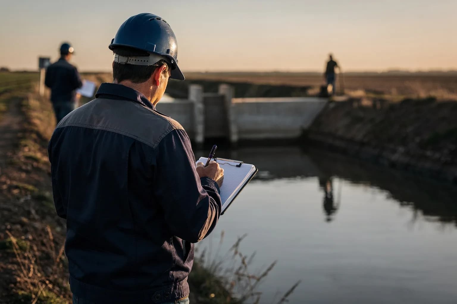 Bewässerungskanal in offener Feldlandschaft mit einem Messwehr, ein Ingenieur von hinten mit einem Notizbuch, warmes Abendlicht