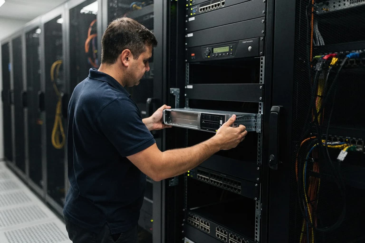 Techniker schiebt einen dedizierten Rackserver auf Schienen in ein Rack im Rechenzentrum