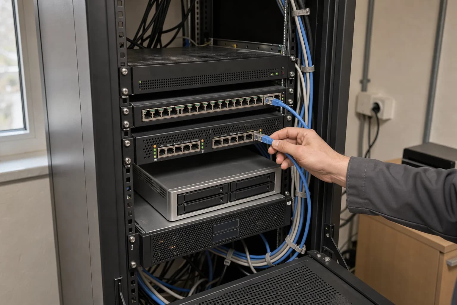 Rack mit Firewall, zwei unterschiedlichen Switches, Speichergerät und Server; eine Hand steckt ein blaues Patchkabel