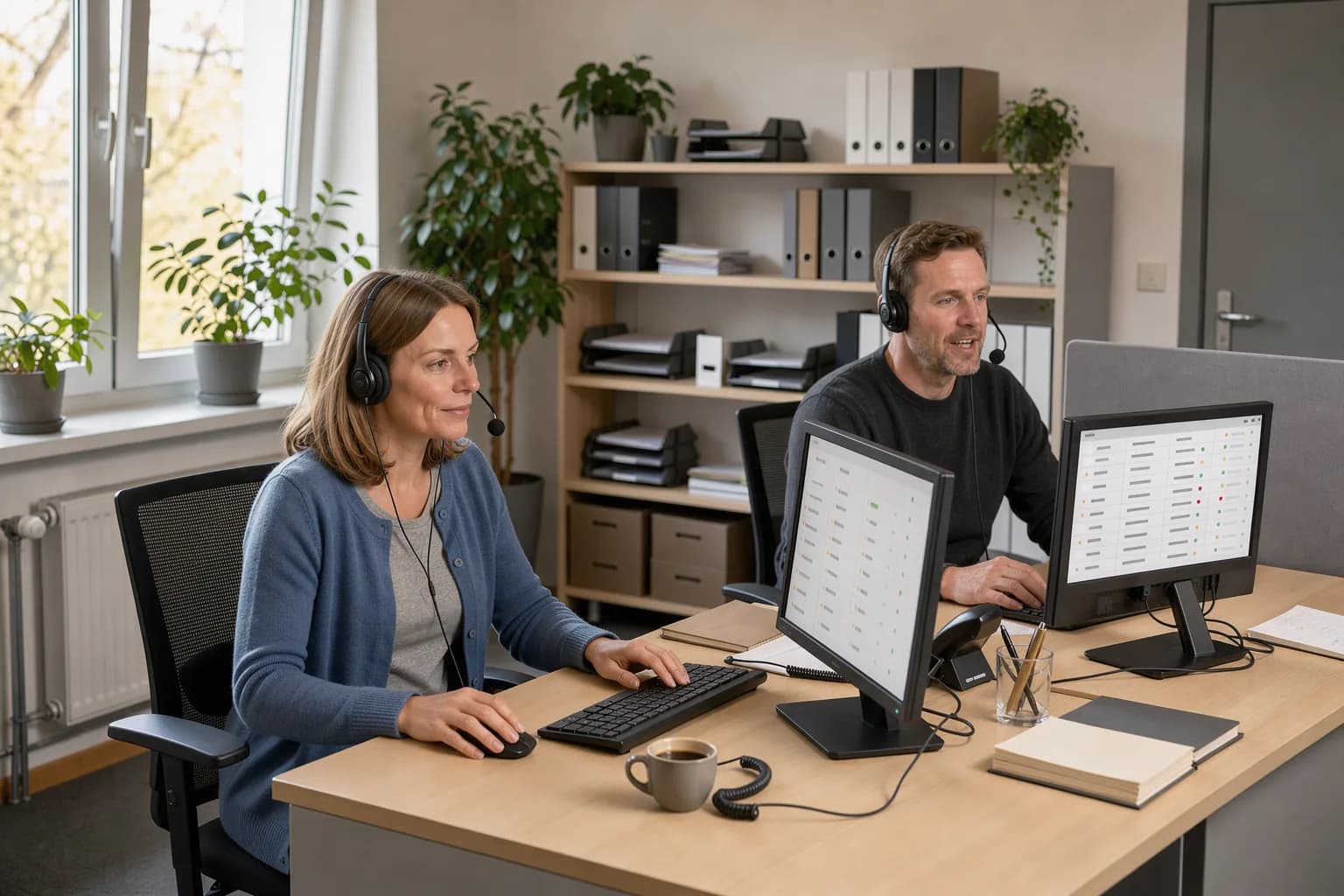 Zwei Mitarbeitende mit Headset an Schreibtischen mit Monitoren und Vorgangslisten, einer telefoniert, im Hintergrund Regale mit Ordnern