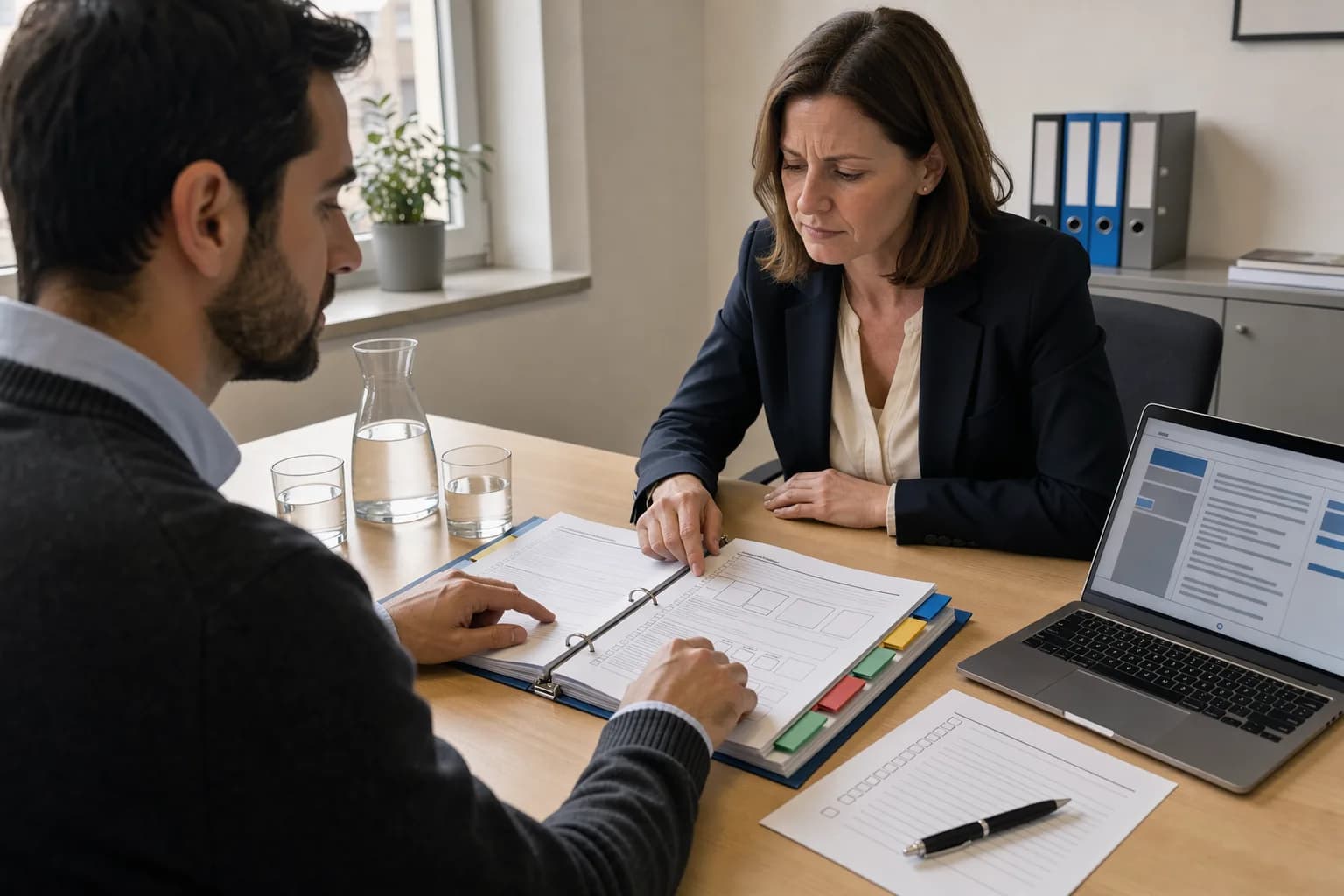 Geschäftsführerin und IT-Berater gehen am Besprechungstisch einen Ordner mit farbigen Registern durch, daneben Notebook und Checkliste