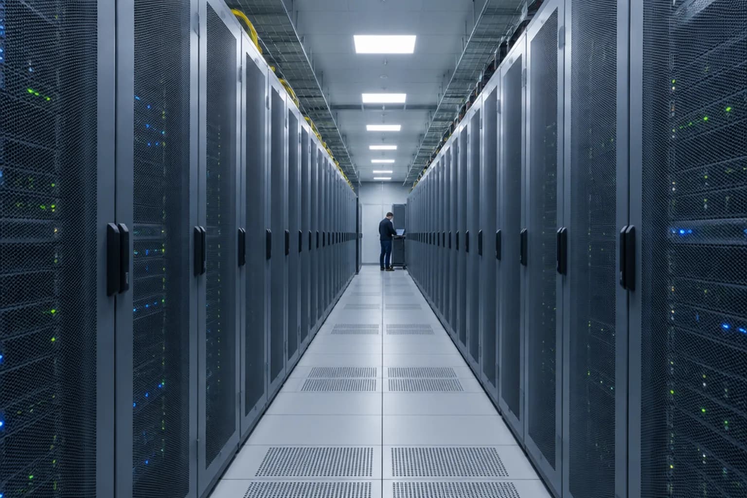 Langer Korridor zwischen zwei Reihen geschlossener Serverschränke in einem Rechenzentrum