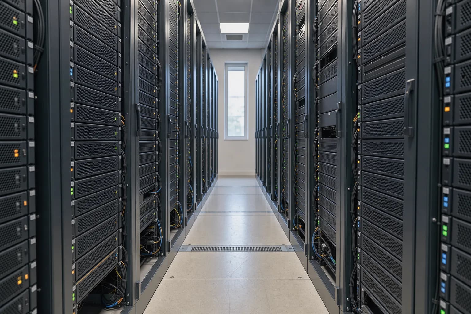 Lange Reihe identischer Rackserver im Rechenzentrum, Statusleuchten über die gesamte Tiefe des Ganges sichtbar