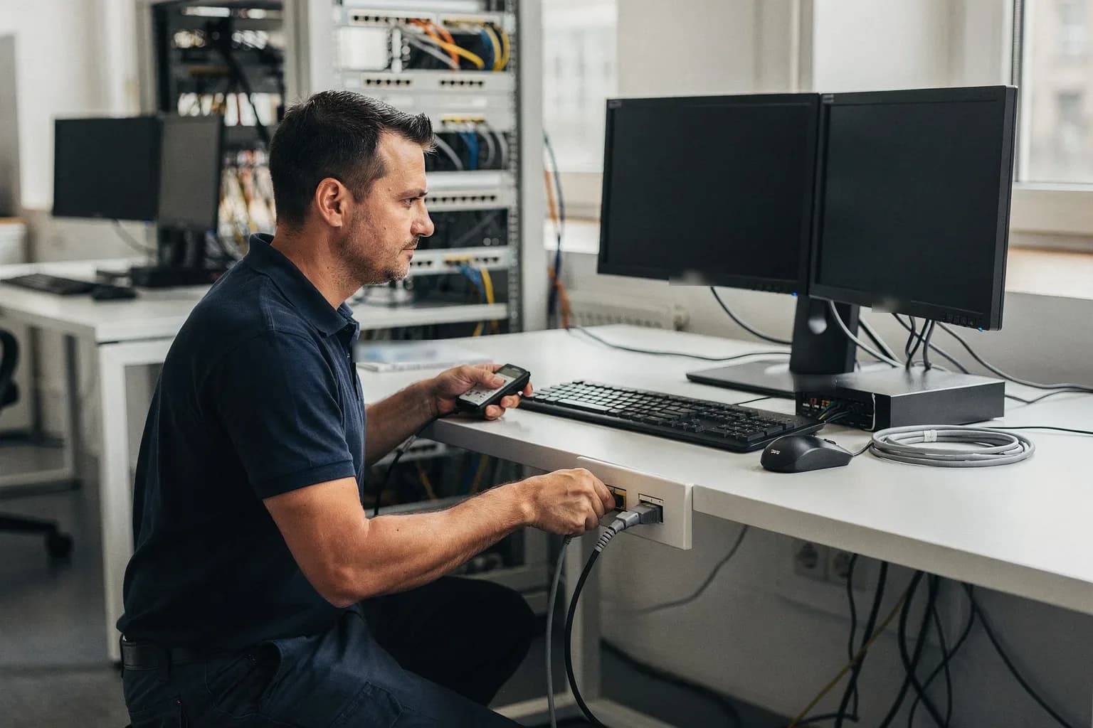 Techniker prüft mit einem Messgerät die Netzwerkdose an einem frisch aufgebauten Arbeitsplatz, im Hintergrund ein Netzwerkschrank