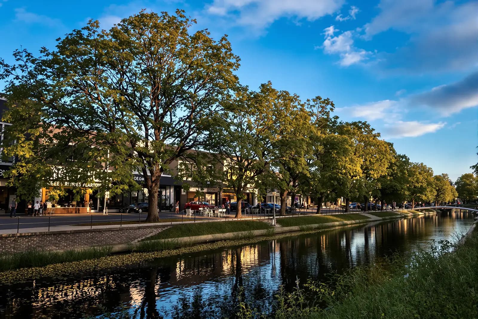 Kleines Gewerbegebiet am Flussufer mit Pappeln und stillem Wasser im Abendlicht
