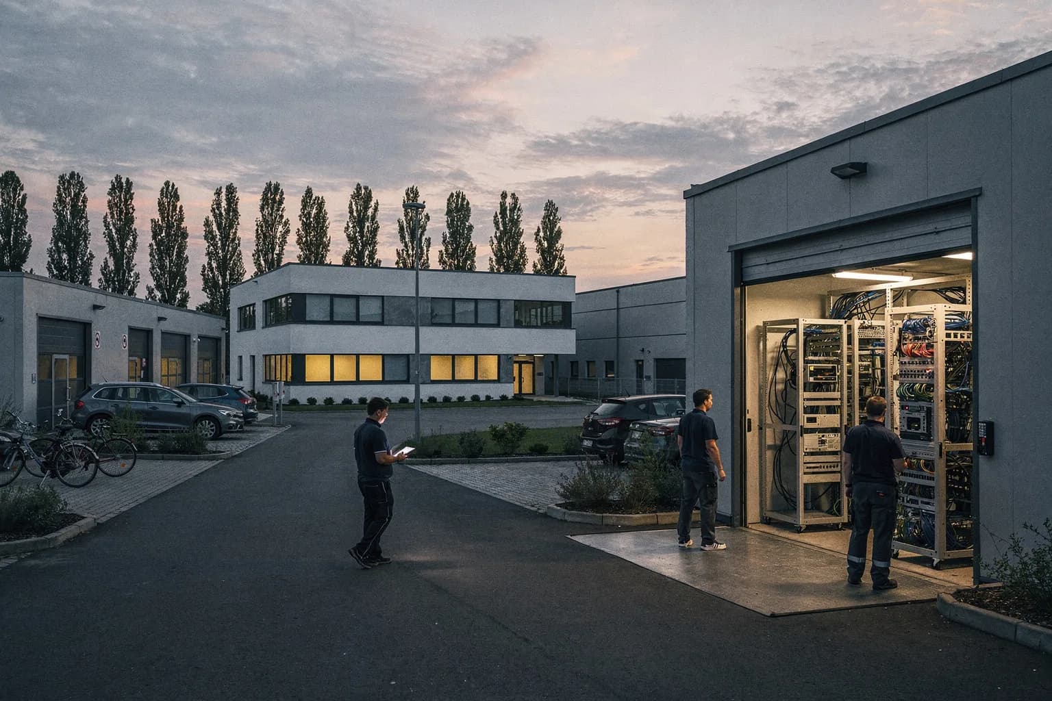 Gewerbegebiet mit flachen Hallen und Büros in der Rheinebene im Abendlicht