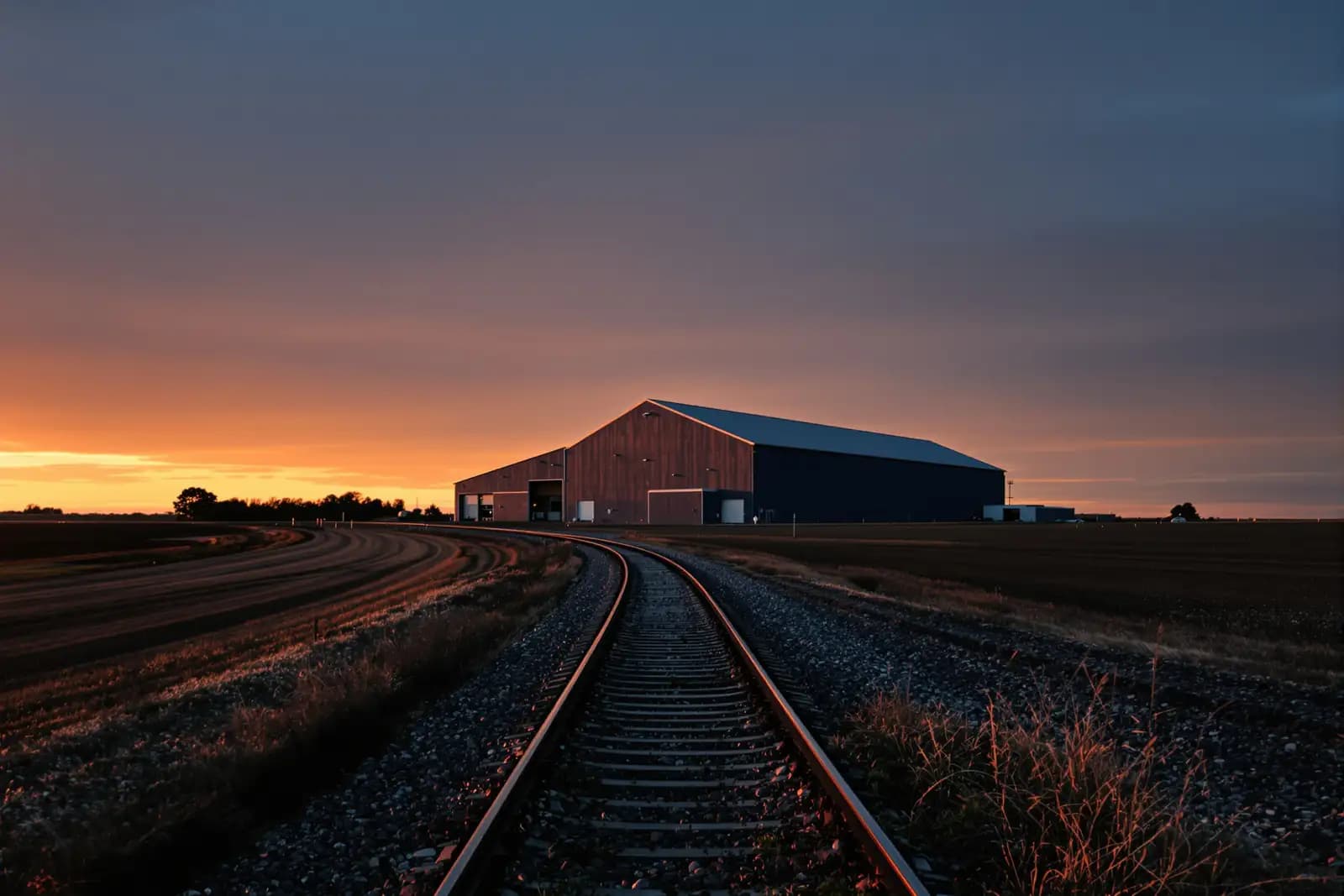 Lange Industriehalle in flachem Ackerland mit einem Gleisanschluss daneben, weiter Horizont