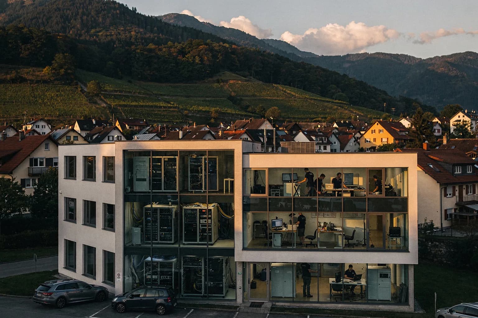 Weinberge am Rand des Pfälzerwalds über einer Kleinstadt, im Vordergrund ein modernes Bürogebäude