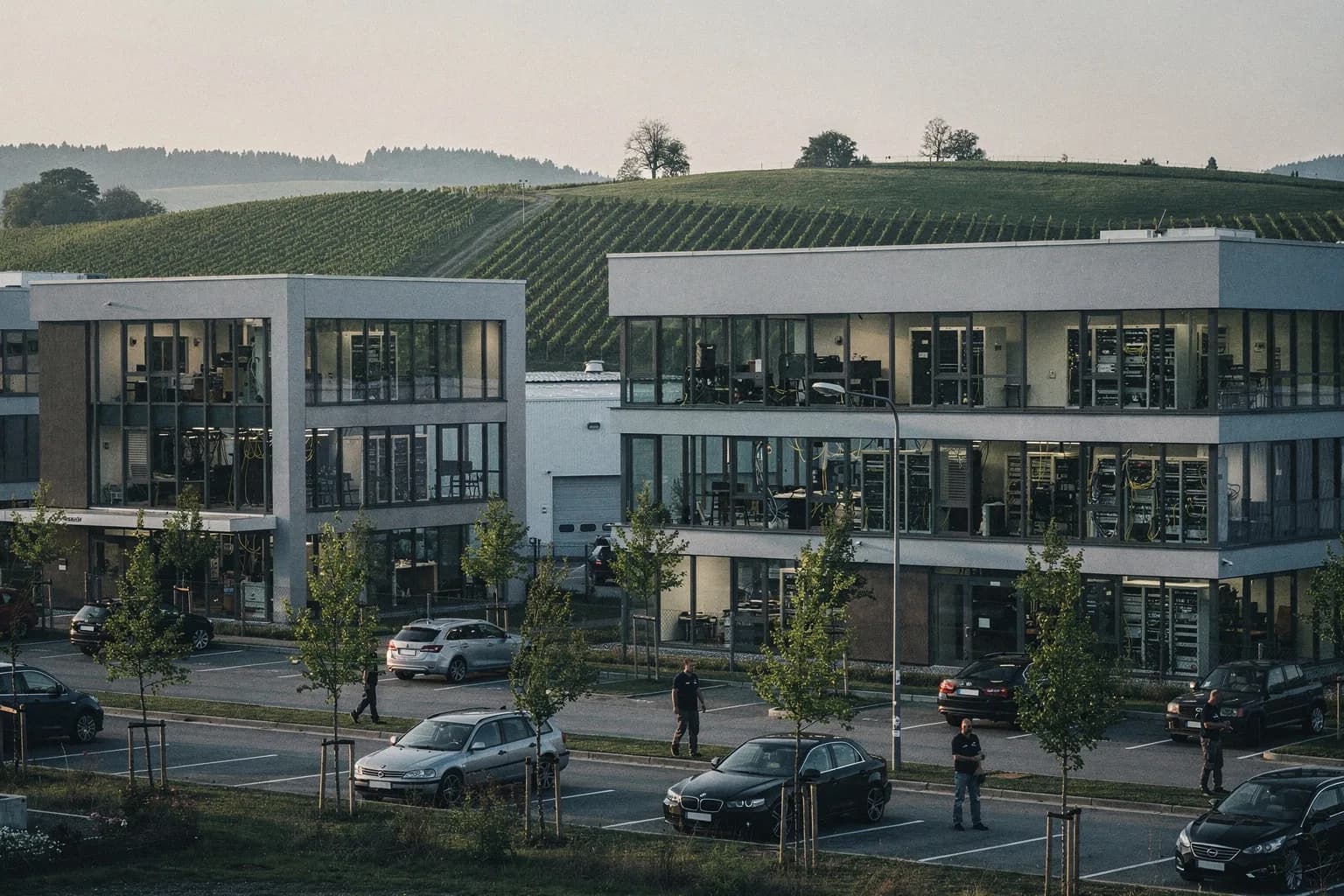 Modernes Gewerbegebiet am Rand einer Kleinstadt, dahinter sanfte Weinberghügel im Morgenlicht