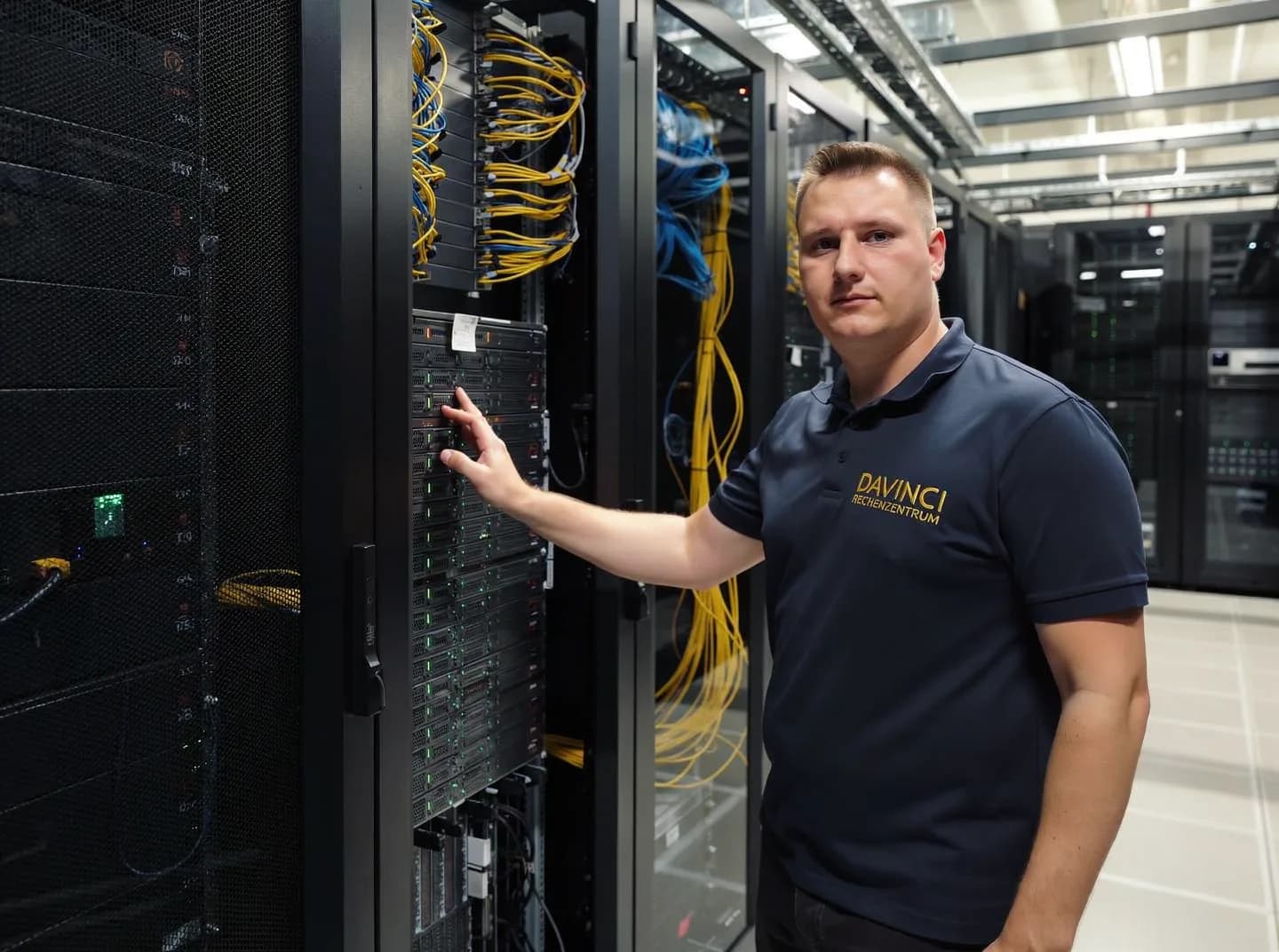 Techniker in einer Serverhalle bei der Arbeit an einem Systemschrank