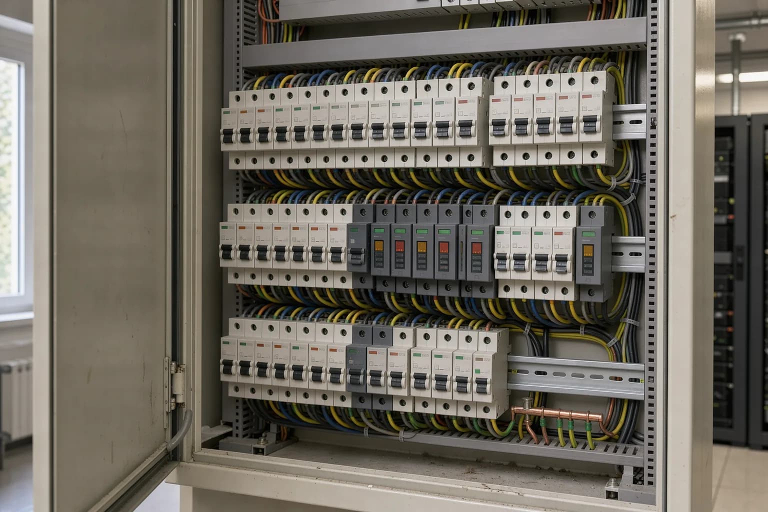 Elektrische Unterverteilung im Serverraum mit Überspannungsschutzmodulen auf der Hutschiene