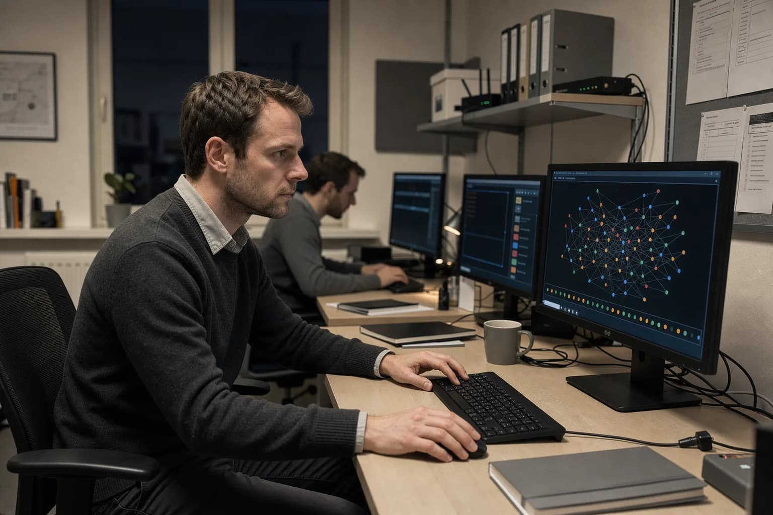 Sicherheitsanalyst am Abend vor einem Monitor mit abstrakter Netzgrafik und Alarm-Zeitleiste, im Hintergrund ein Kollege